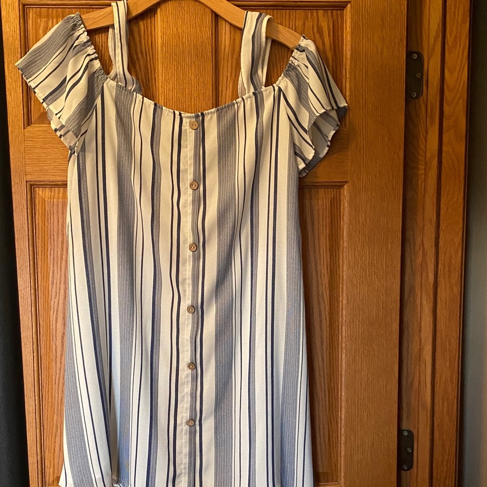 Espresso White and Navy Striped Off-Shoulder Mini Dress
